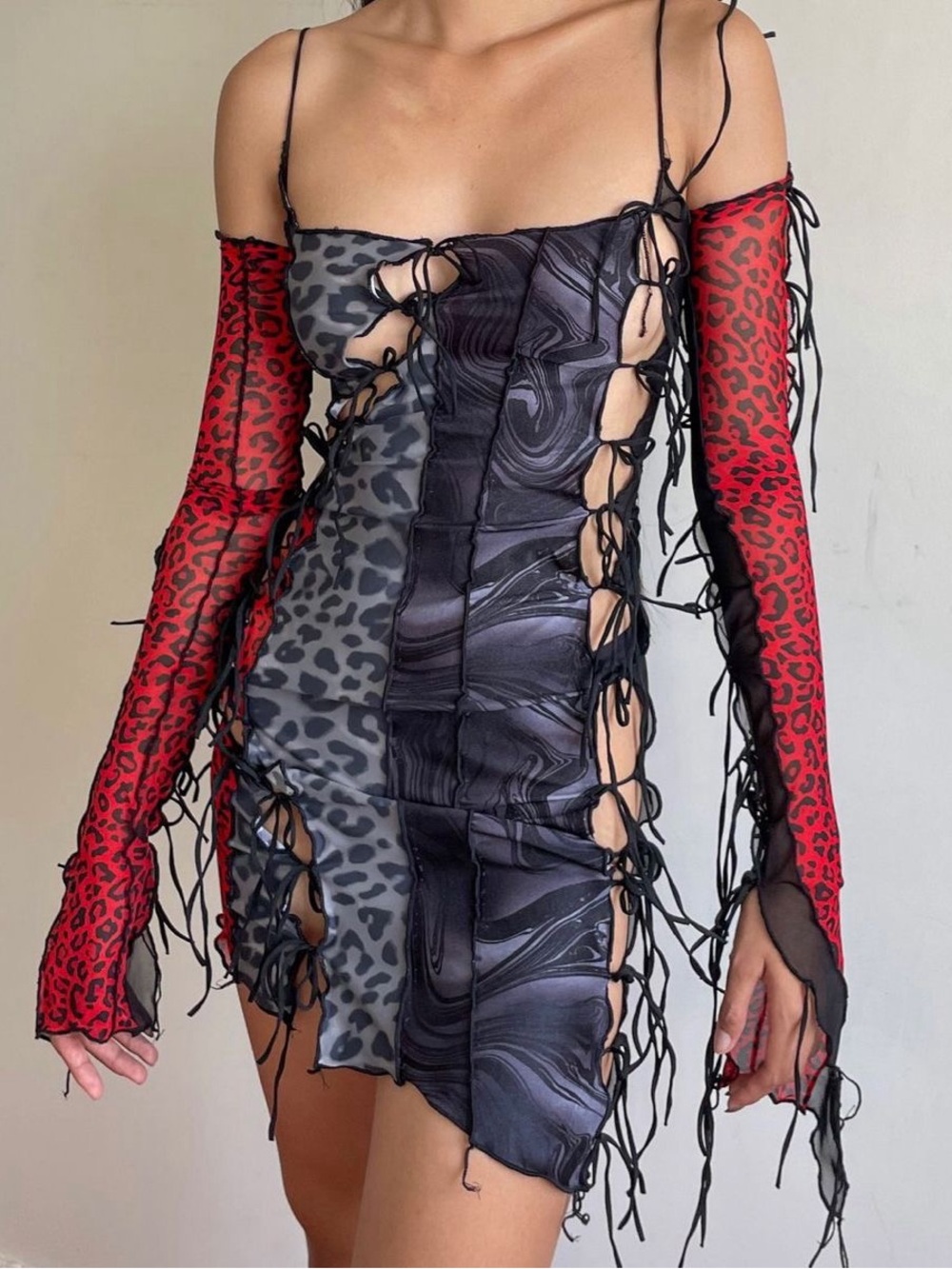 Fanci Club Red and Black Printed Mesh Mini Dress